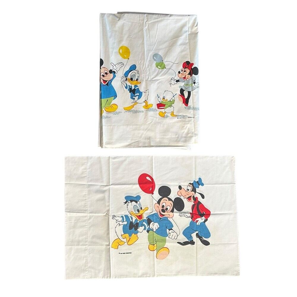 Vtg Walt Disney Wamsutta Mickey Mouse Donald Duck Pillowcase Flat‎ Sheet Bedding